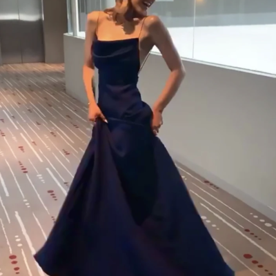 Sp1451,navy blue spaghetti straps sheath full length formal gown,blue prom dress evening gown - Thumbnail 2