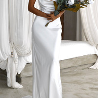 SP1455,Custom Made White Bridal Dress,Straps Mermaid Sheath Wedding Gown,Open Back Wedding Dresses,Cowl Neck Pleated Wedding Dress - Thumbnail 1