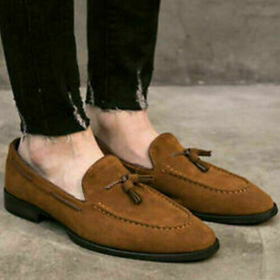  handmade men's real brown suede moccasins loafers tassels dress shoes