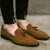  Handmade Men's Real Brown Suede Moccasins Loafers Tassels Dress Shoes - Thumbnail 3