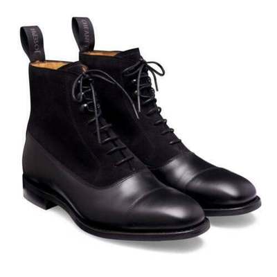 Men's Handcrafted Black Leather and Suede Ankle Toe Lace-Up Boots