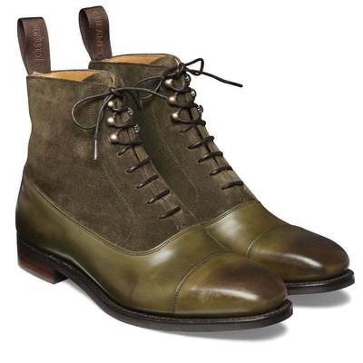  men's handmade green leather and suede ankle toe lace-up boots - Thumbnail 4