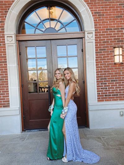 Sparkly Mermaid V Neck Straps Sequins Blue Prom Dress, Slit Evening Dresses