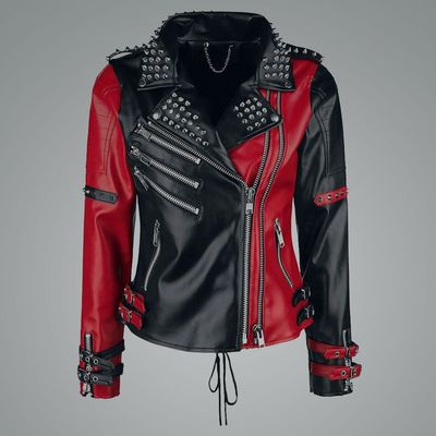 New handmade women black red fashion studded punk style leather jacket hot sell