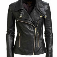 HOT Women's Genuine Lambskin Real Leather Jacket Handmade Motorcycle Biker Coat - Thumbnail 4