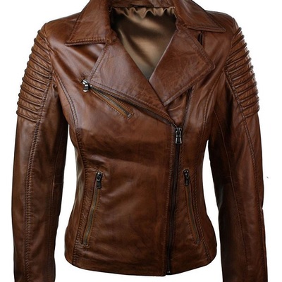 Stylish women's authentic lambskin real leather jacket slim fit biker brown coat