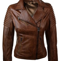 Stylish Women's Authentic Lambskin Real Leather Jacket Slim fit Biker Brown Coat - Thumbnail 4