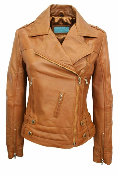 Women's Lambskin Leather Jacket Biker Slim Fit Premium Tan Coat Stylish