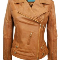 Women's Lambskin Leather Jacket Biker Slim Fit Premium Tan Coat Stylish - Thumbnail 4