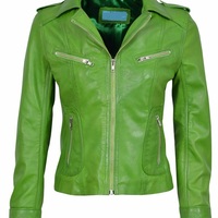 Women Authentic Lambskin Leather Jacket Slim Fit Biker Green Coat Stylish - Thumbnail 4