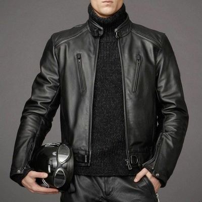 Men black leather motorcycle jacket, black biker leather jacket