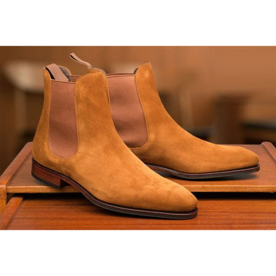 Handmade men beige chelsea boots, men suede leather dress boots, formal - Thumbnail 3