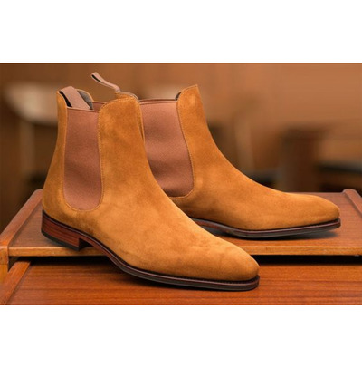 Handmade Men Beige Chelsea Boots, Men Suede Leather Dress Boots, Formal