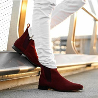 Handmade Men Burgundy Chelsea Boots, Men Suede Leather Dress Boots, Formal - Thumbnail 4