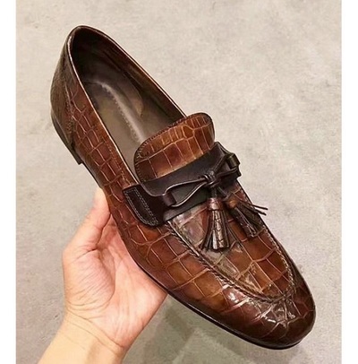 Handmade Brown Alligator Texture Leather Moccasin Shoes With Tassels