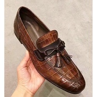 Handmade Brown Alligator Texture Leather Moccasin Shoes With Tassels - Thumbnail 1