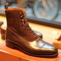 Handmade Men's Brown leather and suede lace-up ankle boots with toe caps - Thumbnail 4