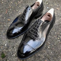  Handmade Mens Black Genuine Leather Oxford Lace Up Shoes - Thumbnail 1