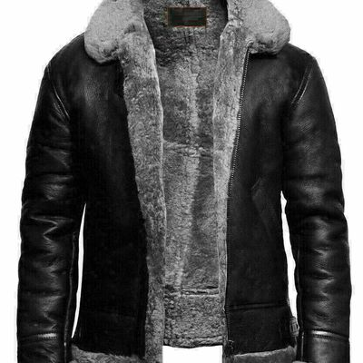 Men's raf aviator b3 flying genuine bomber sheep skin leather jacket black grey - Thumbnail 1
