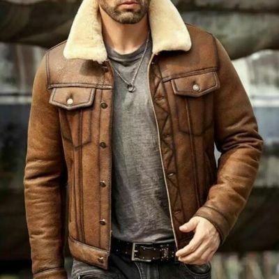 Mens raf b3 bomber flight aviator sheep skin leather jacket denim style with fur