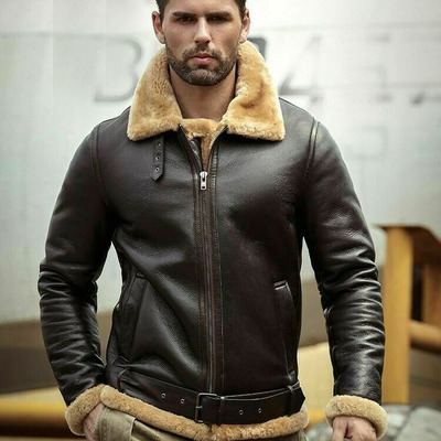 Men's aviator raf b3 flying bomber fur shearling sheepskin leather jackets - Thumbnail 2
