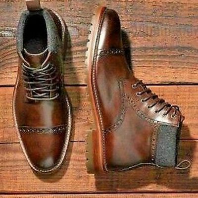 Handmade men's brown fashion brogue ankle high leather lace up wingtip men boots