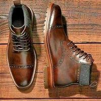 Handmade Men's Brown Fashion Brogue Ankle High Leather Lace Up Wingtip Men Boots - Thumbnail 1
