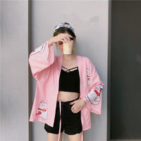 Pink Cat Blouse Kimono Cardigan Cartoon Print Loose Blouse Long Sleeve Shirt T-shirt Top E-Girl Kawaii Korean Japanese Harajuku Streetwear - Thumbnail 2