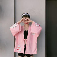 Pink Cat Blouse Kimono Cardigan Cartoon Print Loose Blouse Long Sleeve Shirt T-shirt Top E-Girl Kawaii Korean Japanese Harajuku Streetwear - Thumbnail 3