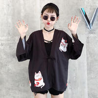 Pink Cat Blouse Kimono Cardigan Cartoon Print Loose Blouse Long Sleeve Shirt T-shirt Top E-Girl Kawaii Korean Japanese Harajuku Streetwear - Thumbnail 7