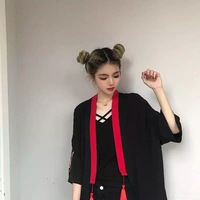 Fox Mask Anime Tassel Blouse Kimono Cardigan Cartoon Print Loose Blouse Long Sleeve Shirt Top E-Girl Kawaii Korean Japanese Harajuku Streetwear - Thumbnail 1