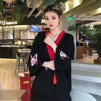 Fox Mask Anime Tassel Blouse Kimono Cardigan Cartoon Print Loose Blouse Long Sleeve Shirt Top E-Girl Kawaii Korean Japanese Harajuku Streetwear - Thumbnail 2