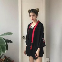 Fox Mask Anime Tassel Blouse Kimono Cardigan Cartoon Print Loose Blouse Long Sleeve Shirt Top E-Girl Kawaii Korean Japanese Harajuku Streetwear - Thumbnail 4