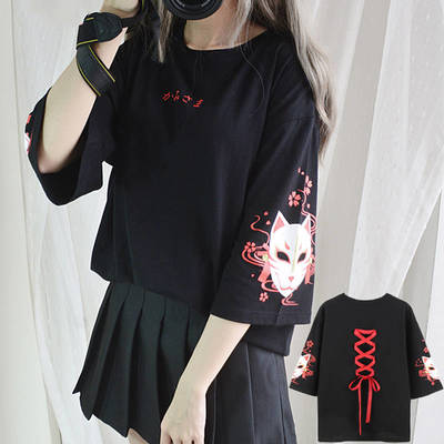 Fox Anime Cartoon Print Vintage Black T-shirt Short Sleeve Tee Shirt Causal Summer Top E-Girl Kawaii Korean Japanese Harajuku Streetwear