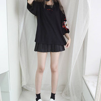 Fox Anime Cartoon Print Vintage Black T-shirt Short Sleeve Tee Shirt Causal Summer Top E-Girl Kawaii Korean Japanese Harajuku Streetwear - Thumbnail 1