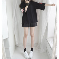 Fox Anime Cartoon Print Vintage Black T-shirt Short Sleeve Tee Shirt Causal Summer Top E-Girl Kawaii Korean Japanese Harajuku Streetwear - Thumbnail 3