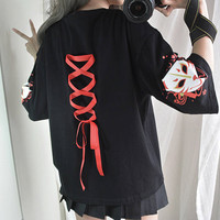 Fox Anime Cartoon Print Vintage Black T-shirt Short Sleeve Tee Shirt Causal Summer Top E-Girl Kawaii Korean Japanese Harajuku Streetwear - Thumbnail 5