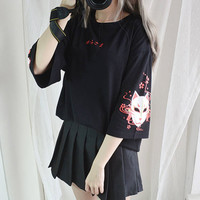 Fox Anime Cartoon Print Vintage Black T-shirt Short Sleeve Tee Shirt Causal Summer Top E-Girl Kawaii Korean Japanese Harajuku Streetwear - Thumbnail 6