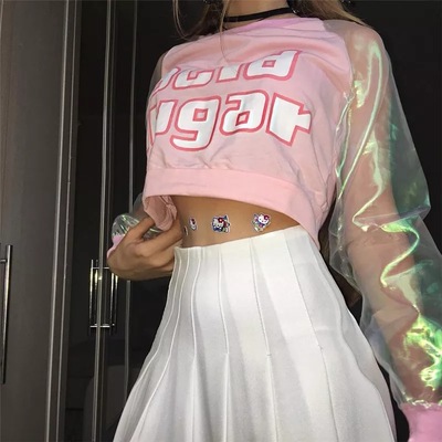 Pastel pink acid holographic laser transparent crop top long sleeve tee shirt t-shirt top sweatshirt e-girl kawaii korean japanese harajuku streetwear - Thumbnail 4