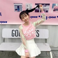 Pastel Pink Acid Holographic Laser Transparent Crop Top Long Sleeve Tee Shirt T-shirt Top Sweatshirt E-Girl Kawaii Korean Japanese Harajuku Streetwear - Thumbnail 1