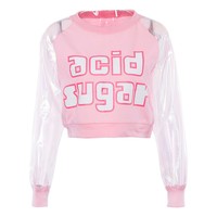 Pastel Pink Acid Holographic Laser Transparent Crop Top Long Sleeve Tee Shirt T-shirt Top Sweatshirt E-Girl Kawaii Korean Japanese Harajuku Streetwear - Thumbnail 4