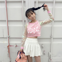 Pastel Pink Acid Holographic Laser Transparent Crop Top Long Sleeve Tee Shirt T-shirt Top Sweatshirt E-Girl Kawaii Korean Japanese Harajuku Streetwear - Thumbnail 6