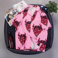 Summer Pink Purple Devil Print Button Down Casual Loose Short Sleeve Tee Shirt T-shirt Top E-Girl Kawaii Korean Japanese Harajuku Streetwear - Thumbnail 5
