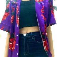 Summer Pink Purple Devil Print Button Down Casual Loose Short Sleeve Tee Shirt T-shirt Top E-Girl Kawaii Korean Japanese Harajuku Streetwear - Thumbnail 7