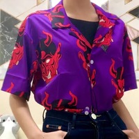 Summer Pink Purple Devil Print Button Down Casual Loose Short Sleeve Tee Shirt T-shirt Top E-Girl Kawaii Korean Japanese Harajuku Streetwear - Thumbnail 8
