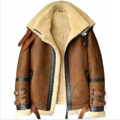 Men's brown b3 raf flight bomber aviator fax shearling real leather jackets - Thumbnail 3