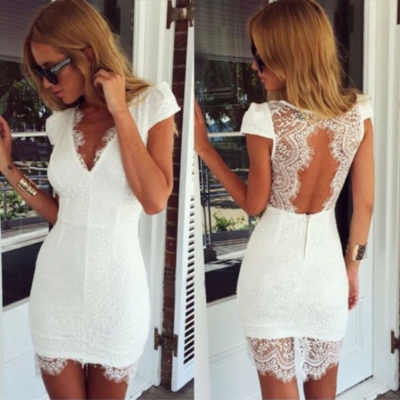 Lace sexy v-neck short sleeve dress