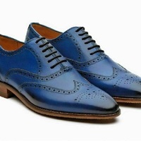  Men Handmade Genuine Blue Leather Oxford Brogue Wingtip Lace Up Shoes - Thumbnail 1