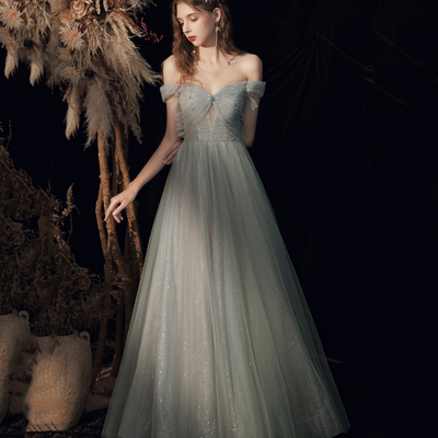 Shiny tulle sequins long prom dress green evening dress - Thumbnail 5