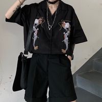 Dragon Embroidery Vintage Black Blouse Button Down Casual Loose Short Sleeve Tee Shirt T-shirt Top E-Girl Kawaii Korean Japanese Harajuku Streetwear - Thumbnail 1